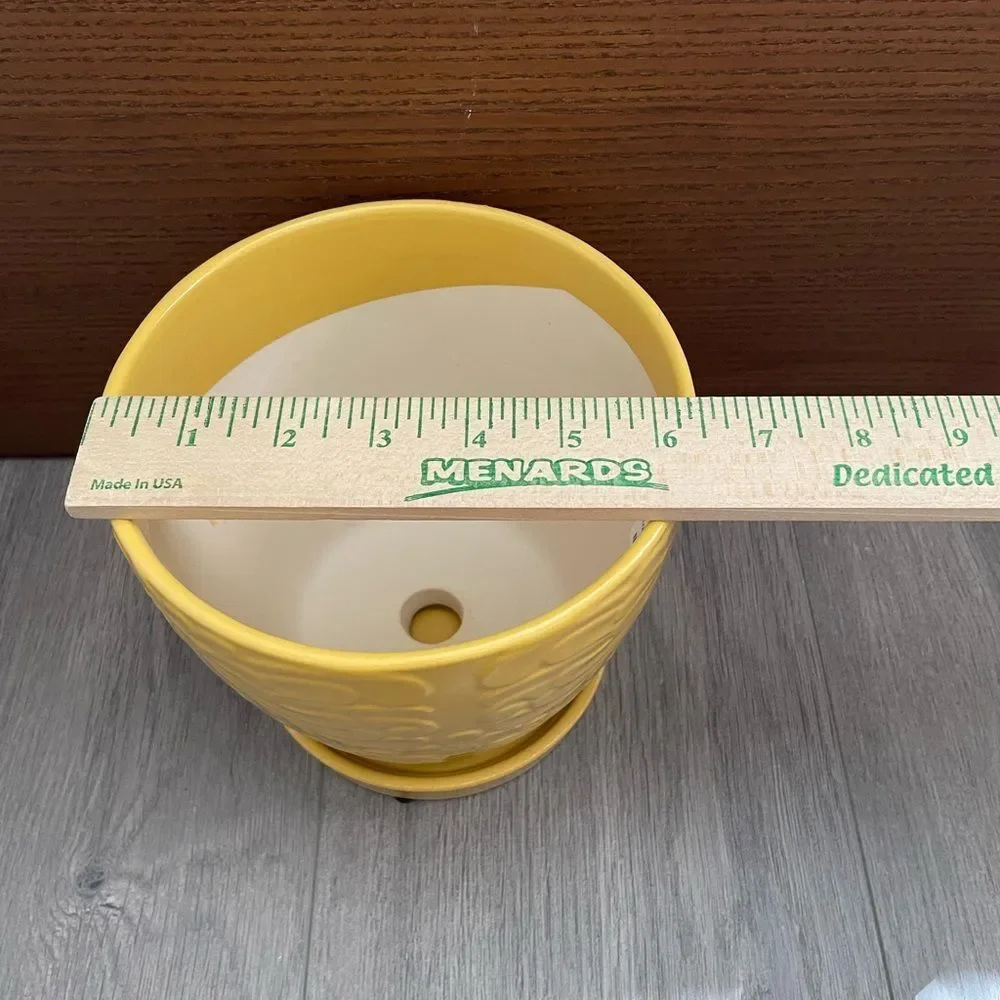 Multi Floral Yellow Ceramic Planter Pot with Saucer Attached